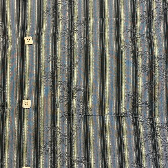Joseph & Feiss Palm Tree Silk Button-Up Short Sleeve Men L Blue Black Striped - Picture 7 of 9